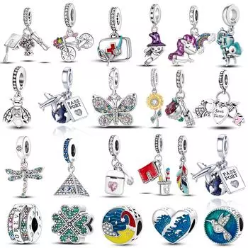 Подходит для браслета, инкрустированные цирконовыми бусинами, подвески из стерлингового серебра 925 пробы в форме сердца, красочные висячие подвески, браслет, ювелирные изделия