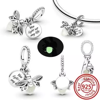Подходит для браслетов с шармами Pandora 925 медь Светящийся в темноте Привидение Тыква Светлячок Лампочка Насекомое Светящаяся подвеска Бусины Циркон