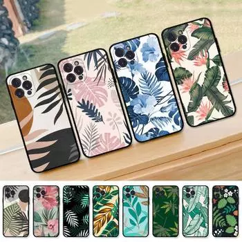 Подходит для чехла для мобильного телефона iPhone16, нового литературного и ретро-чехла для мобильного телефона с изображением листьев и цветов тропического леса iPhone13
