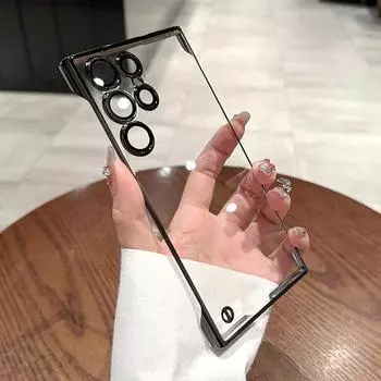 Подходит для чехла для мобильного телефона Samsung S24Ultra без рамки с собственной пленкой для линз S23Ultra, прозрачный жесткий чехол из поликарбоната с гальваническим покрытием Samsung S24 темно-фиолетового
