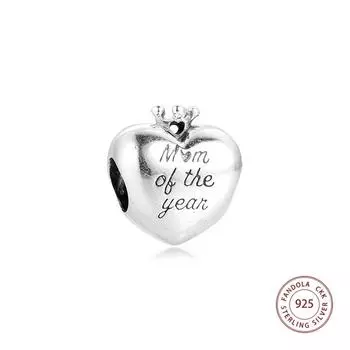 Подходит для Европы Браслет из стерлингового серебра 925 пробы Мама года Сердце Подвески Бусины Женщины DIY Изготовление ювелирных изделий