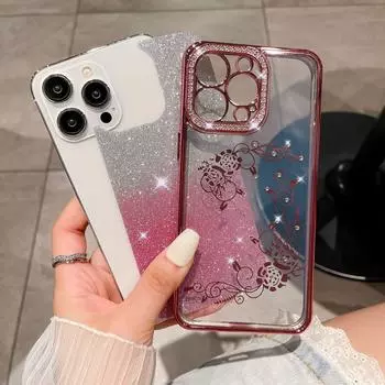 Подходит для iPhone15PRO, чехол для мобильного телефона с постепенным изменением цвета, стразы, роза, чехол для Apple 14, гальванический защитный чехол TPU13 iPhone15PRO MAX
