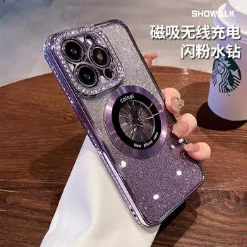 Подходит для iPhone15ProMAX, чехол для мобильного телефона, новый гальванизированный стразы, увеличительное стекло, постепенное изменение блеска, Apple 14, все включено iPhone15PROMAX темно-фиолетового