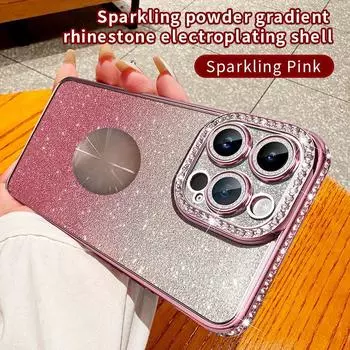Подходит для iphone15ProMax гальваническое покрытие утечка блестящий порошок стразы мобильный телефон чехол Apple 14 линза алмаз 13 мягкий чехол iPhone15 фиолетовый
