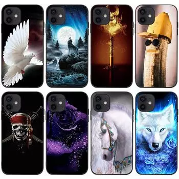 Подходит для iPhone16 Чехол для мобильного телефона Мягкий чехол Новый чехол-подделка с изображением животного Волка Лошади Черепа Розы Пейзажа iPhone12/12Pro6.1