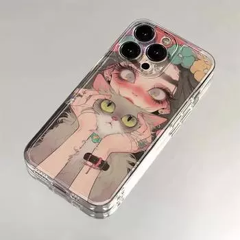 Подходит для iPhone 15, чехол для телефона iPhone 14/13 Promax Soft Anti Drop Plus, кот обнимает девушку iPhone 15