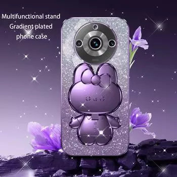 Подходит для OPPO Realme11, зеркала для макияжа, мобильного телефона, чехла C55, гальванопокрытия с постепенным изменением блеска, кронштейна в виде кролика V25, комплекта K11 A5 фиолетовый