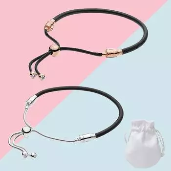 Подходит для оригинального стерлингового серебра S925, модный брендовый черный кожаный слайдер, регулируемый браслет, женский ювелирный подарок на день рождения