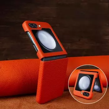 Подходит для Samsung Чехол для мобильного телефона Flip5 Кожаный кожаный чехол Высококачественный защитный чехол Раскладной складной экран Чехол для мобильного телефона Zflip5 Samsung Z flip5 оранжевый