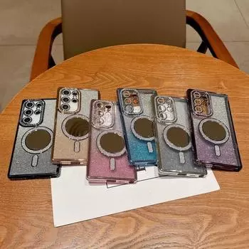 Подходит для Samsung S24Ultra, чехол для мобильного телефона с гальваническим покрытием, стразами, блестками, магнитным зеркалом для макияжа S23 + боковое сверло, противоударное покрытие S24Ultra