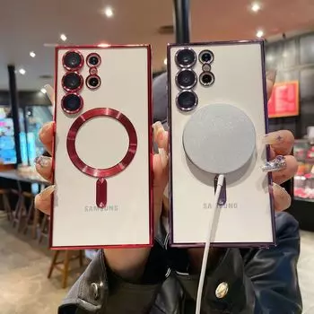 Подходит для Samsung S24Ultra гальванизированный прозрачный чехол для телефона Magsafes магнитная присоска S23+с пленкой для линз 22 мягкая оболочка Samsung S24Ultra чёрный