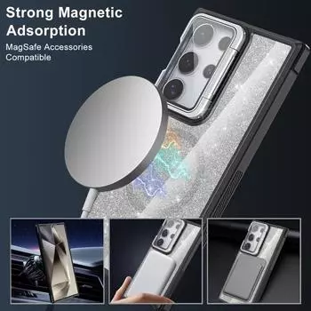 Подходит для Samsung S25 Ультраматовый чехол для мобильного телефона S24 блестящий магнитный держатель линз S23 прозрачный чехол с защитой от падения S25Ultra чёрный