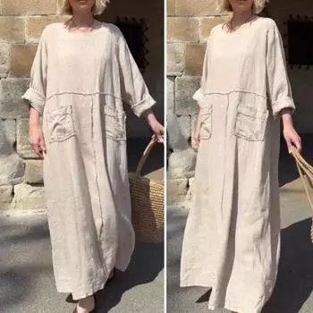 Подходит однотонное длинное платье с карманами в стиле ретро с круглым вырезом и трапециевидным вырезом для офиса, повседневной жизни, пляжа 2XL бежевый