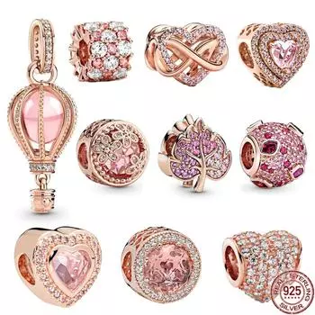 Подходит оригинальный браслет с подвесками из розового золота, сверкающие бусины в форме листьев и сердец, воздушный шар, стерлинговое серебро S925, ювелирные изделия своими руками