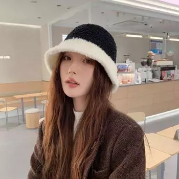 Подходящая по цвету плюшевая шапка женская осенне-зимняя новая маленькая шляпа-ведро милая интернет-знаменитость утолщенная теплая шапка-ведро из овечьей шерсти M56-58cm