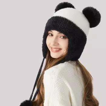 Подходящая по цвету шнурок шерстяная вязаная шапка Женская зимняя уличная ветрозащитная шапка для защиты ушей Теплая шерстяная шапка Кепка с рукавами Skullies Шапочки чёрный