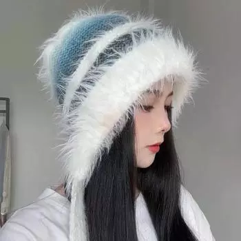 Подходящие по цвету плюшевые шапочки-ушанки детские новые осенне-зимние теплые вязаные с открытым лицом из шерсти белый