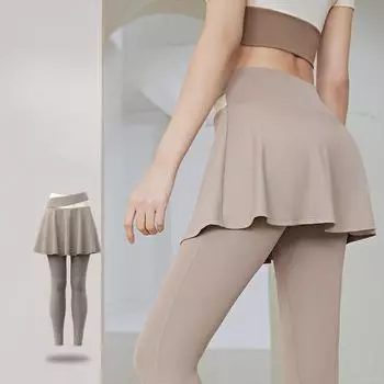 Подходящие по цвету штаны для фитнеса и бега с высокой талией, обтягивающие, защищающие от воздействия окружающей среды, поддельные двухкомпонентные штаны для йоги S хаки