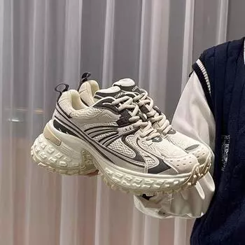 Подходящие по цвету универсальные рваные кроссовки на платформе, увеличивающие рост, неуклюжие кроссовки из натуральной кожи для женщин, весенние новые повседневные кроссовки в сетку 35