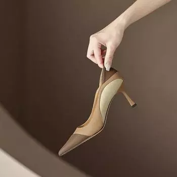 Подходящие по цвету заостренные туфли на высоком каблуке женские одинарные туфли весна-лето 2025 года новые модные туфли универсальные туфли на тонком каблуке маленькие кожаные туфли 34 коричневый