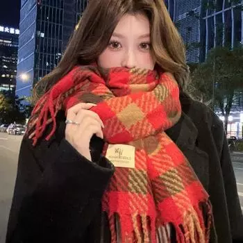 Подходящий по цвету клетчатый шарф, женская зимняя шаль высокого класса, теплый шарф двойного назначения для студентов оранжевый