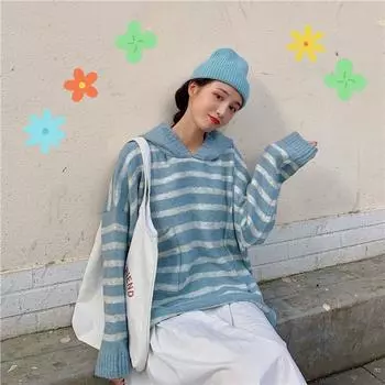 Подходящий по цвету свитер с капюшоном женский осенне-зимний свободный полосатый свитер пуловер куртка XL чёрный