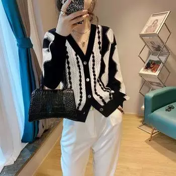 Подходящий по цвету свитер женский с V-образным вырезом тонкий ретро-стиль Гонконга вязаный кардиган новый длинный рукав модная женская куртка топ трендовый one size fits all зелёный