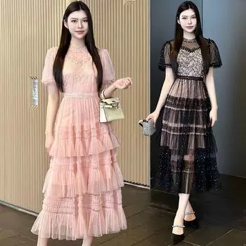 Летний праздничный сарафан для подиума, черное кружевное тюль, свадебное выпускное платье с пайетками, женские платья с коротким рукавом и цветочной вышивкой M чёрный