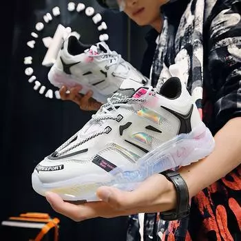 Подиумные кроссовки с прозрачной подошвой, осенняя одежда 2025 года, повседневная обувь из дышащей сетки на платформе, папины туфли 39