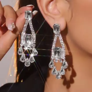 Подиумные серьги для выступлений на сцене, роскошные длинные серьги с кристаллами, индивидуальные преувеличенные серьги, блестящие женские серьги, 1 пара