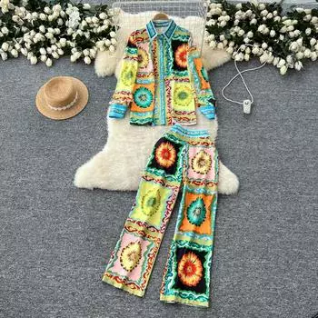 Подиумный дизайнерский комплект из двух предметов с винтажным принтом для женщин, рубашка с отложным воротником и брюки длиной до щиколотки, офисный рабочий костюм M