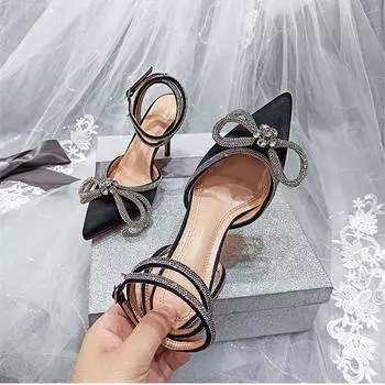 Подиумный стиль, блестящие стразы, женские туфли-лодочки, атласные летние туфли с кристальным бантом, сексуальные туфли на высоком каблуке для выпускного вечера 36