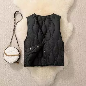 Подкладка из пуховика для женщин 2024 года, весенне-осеннее пальто с легким и тонким теплым жилетом под облегающим жилетом с V-образным вырезом S чёрный