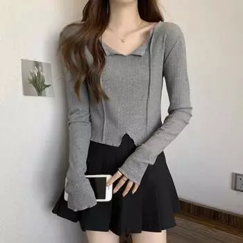 Подкладка с V-образным вырезом и футболка с длинными рукавами для женского уникального однотонного короткого топа S белый