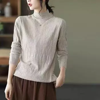 Подкладочный свитер, женский полувысокий воротник, осенне-зимний однотонный тонкий трикотажный базовый свитер, верхняя женская одежда S чёрный