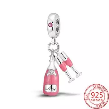 Подлинная 925 пробы серебряная бутылка вина и бокал с фианитом подвеска-шарм модные браслеты и ожерелья для девочек подарки ювелирные изделия своими руками
