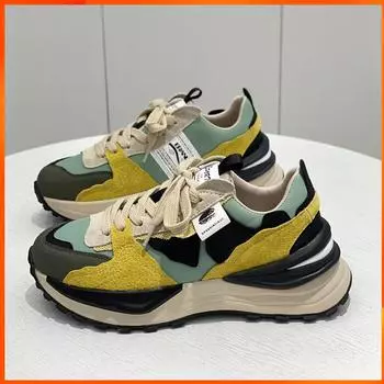 Подлинная популярная кожаная сетчатая обувь Daddy Shoes, женская осенняя новая корейская версия, толстая подошва, подходящая по цвету, повседневная спортивная обувь 37 зелёный