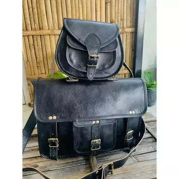 Подлинная винтажная черная кожаная сумка-мессенджер для ноутбука ( Подарок для девушки. Размер сумки - 9 x 7 x 3 дюйма ) 10 x 13 x 4 in чёрный