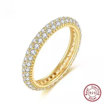 Подлинное 925 стерлингового серебра 2 ряда цирконий обручальные кольца 14 карат позолоченный изящный палец обруч для женщин ювелирные изделия SR320 5
