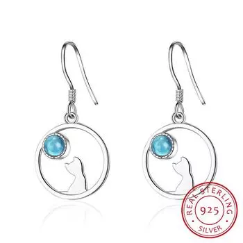 Подлинные настоящие 100% стерлингового серебра 925 пробы, ювелирные изделия, глазурь и серьги-подвески с изображением котенка в открытом круге удачи