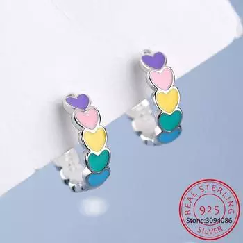 Подлинные серьги-кольца из стерлингового серебра S925 с радужной эмалью в форме сердца для женщин, новые женские ювелирные украшения