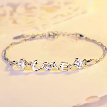 Подлинные товары 925 Серебряный браслет Романтическая любовь Двойной бриллиант Сердце к сердцу Браслет 925