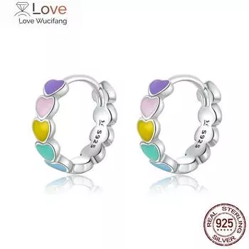 Подлинные женские серьги-кольца из стерлингового серебра 925 пробы с разноцветной эмалью в форме сердца, радужные трендовые украшения для девочки в подарок