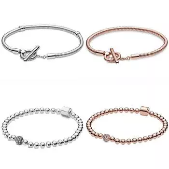 Подлинный 925 пробы стерлингового серебра розового золота бусины и паве кристаллы скользящий браслет подходит женщинам бусины шарм Diy модные ювелирные изделия 21cm