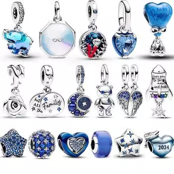 Подлинный 925 пробы стерлингового серебра с синим кристаллом и эмалью в форме сердца - подходит для оригинального браслета, идеальный сюрприз в качестве подарка на день рождения
