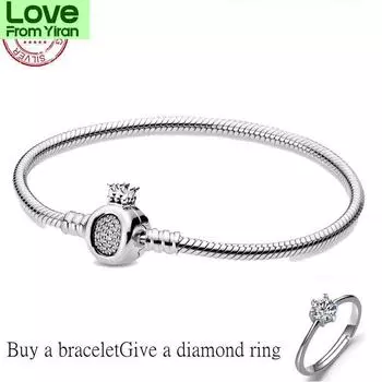 Подлинный браслет из 100% стерлингового серебра 925 пробы с короной, подходит для оригинального браслета, браслет-змея для женщин, высококачественный классический еврей 16cm