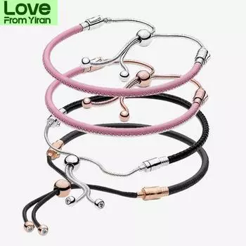 Подлинный браслет из простого розового кожаного шнура из стерлингового серебра S925, подходит для женщин, ювелирные изделия своими руками, оригинальный шарм 18cm красный