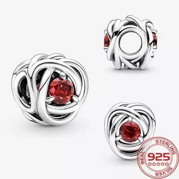 Подлинный браслет из стерлингового серебра S925 пробы с подвесками, модный браслет, ажурный камень июля красного цвета, вечность, круг, ожерелье для девочки, ювелирные изделия