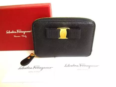 Подлинный черный кожаный кошелек Salvatore Ferragamo Vala с круглой молнией #9360, восстановленный