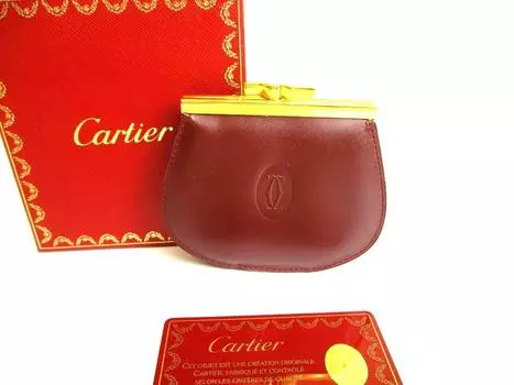 Подлинный кошелек для монет Cartier Must de Cartier бордового цвета из кожи #9419, восстановленный